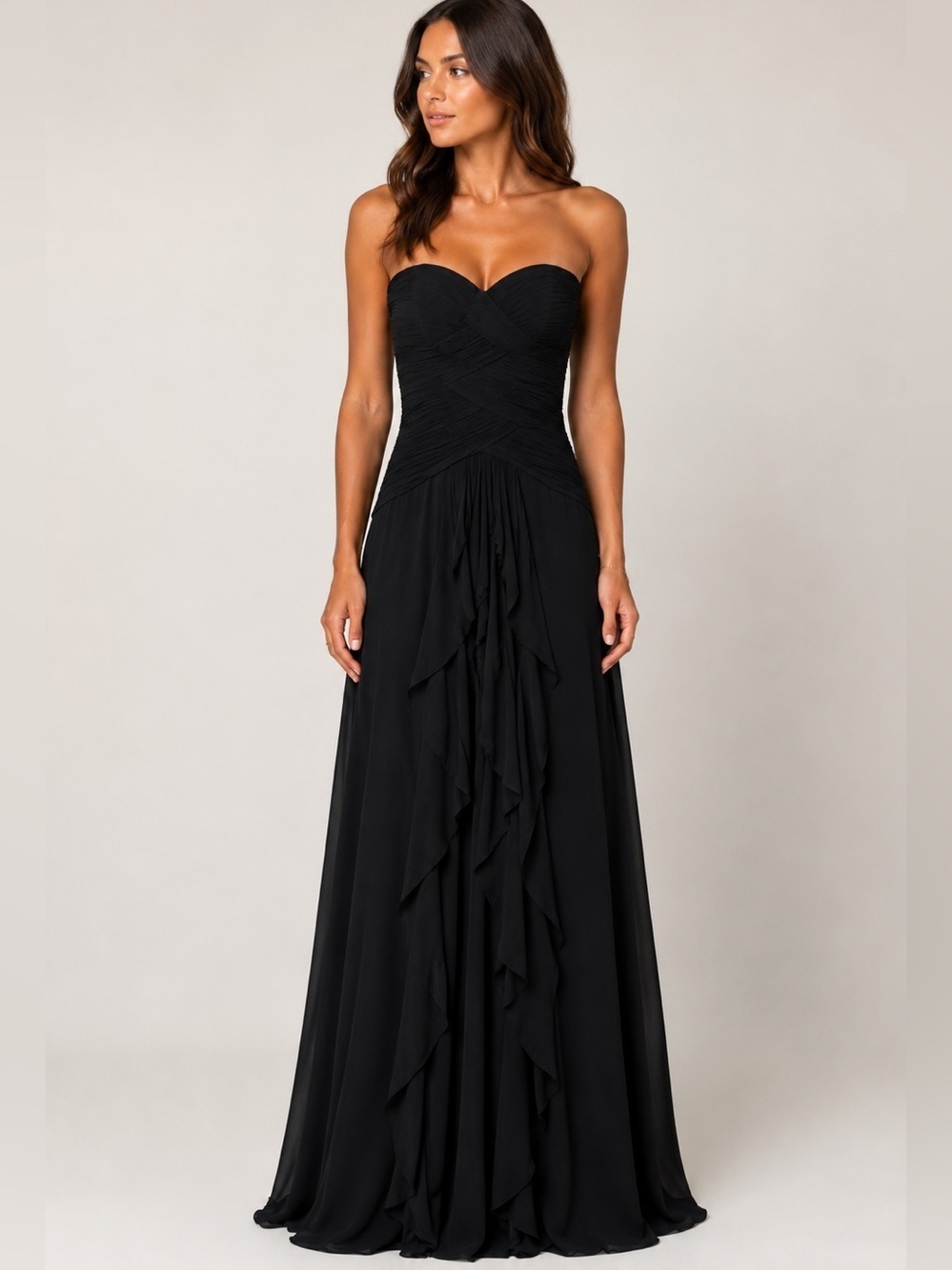 Jovani Black Strapless Chiffon Sweetheart Ruched Formal Evening Gown Fits 6